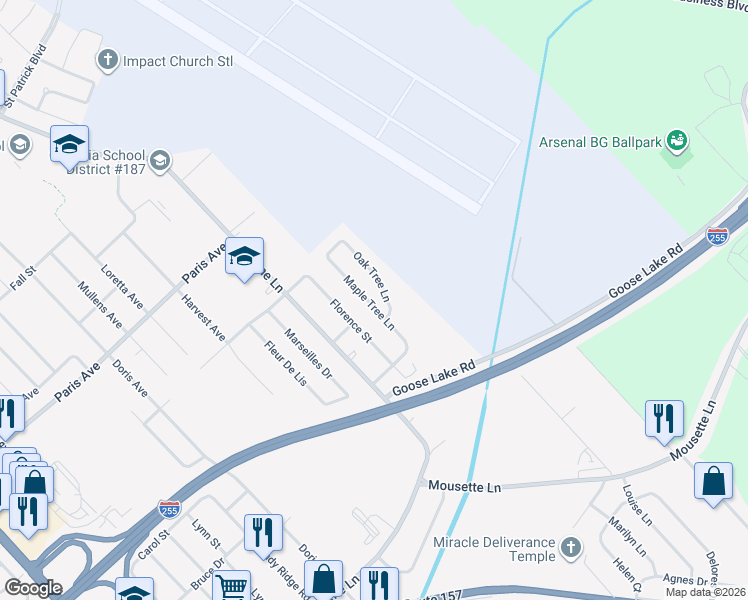 map of restaurants, bars, coffee shops, grocery stores, and more near 2013 Maple Tree Lane in Cahokia