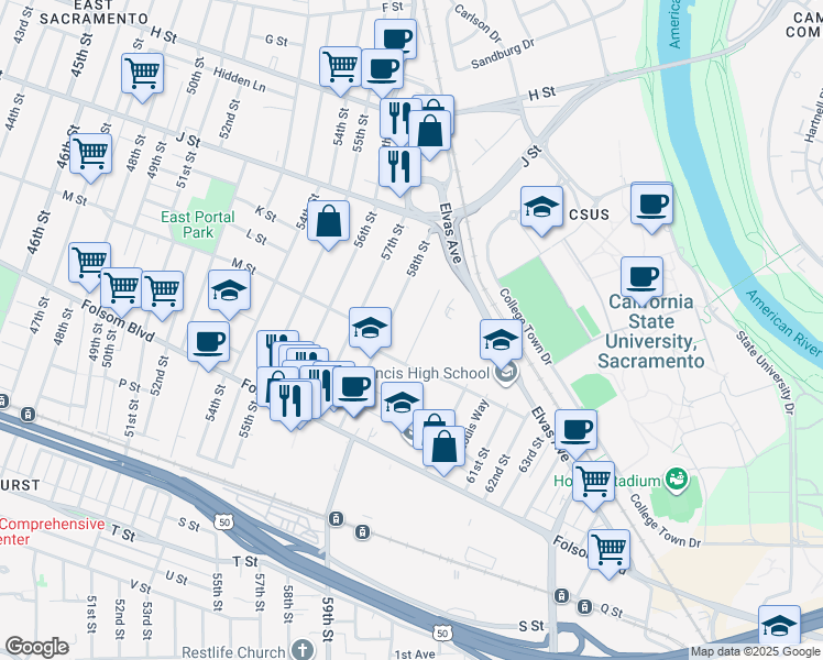 map of restaurants, bars, coffee shops, grocery stores, and more near 1214 Janey Way in Sacramento