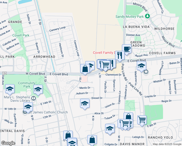 map of restaurants, bars, coffee shops, grocery stores, and more near 1608 East Covell Boulevard in Davis