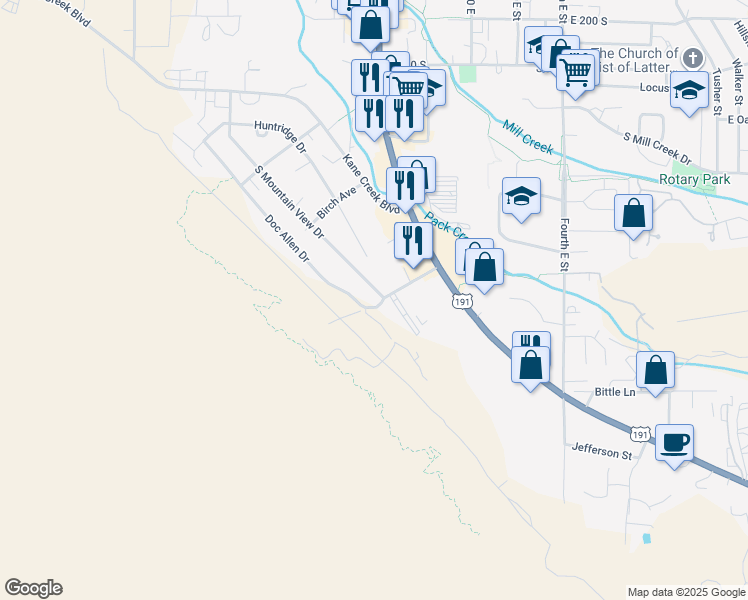 map of restaurants, bars, coffee shops, grocery stores, and more near 856 South Mountain View Drive in Moab