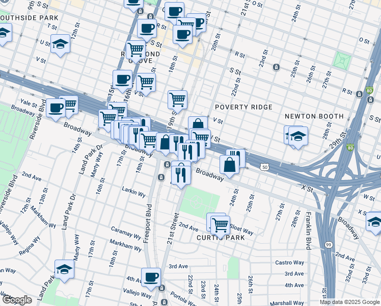map of restaurants, bars, coffee shops, grocery stores, and more near 2423 20th Street in Sacramento