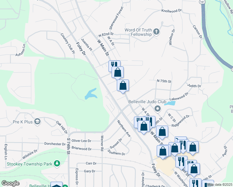 map of restaurants, bars, coffee shops, grocery stores, and more near 21 South 75th Street in Belleville