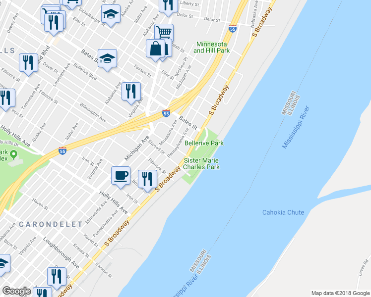 map of restaurants, bars, coffee shops, grocery stores, and more near in St. Louis