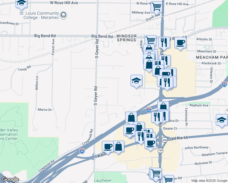 map of restaurants, bars, coffee shops, grocery stores, and more near 1247 Oakshire Lane in Kirkwood
