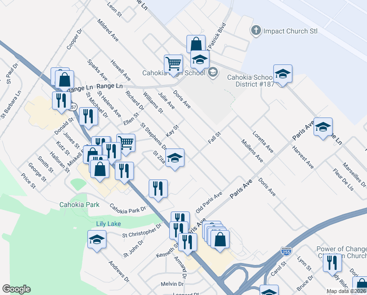 map of restaurants, bars, coffee shops, grocery stores, and more near 1315 Richard Drive in Cahokia