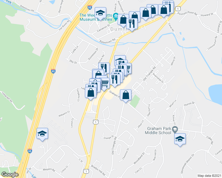 map of restaurants, bars, coffee shops, grocery stores, and more near 18043 Dumfries Shopping Plaza in Dumfries