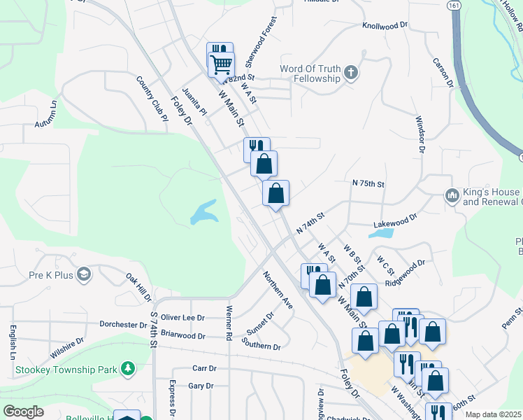 map of restaurants, bars, coffee shops, grocery stores, and more near 21 South 75th Street in Belleville