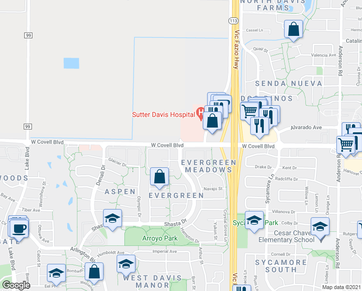 map of restaurants, bars, coffee shops, grocery stores, and more near 1014 Shasta Drive in Davis