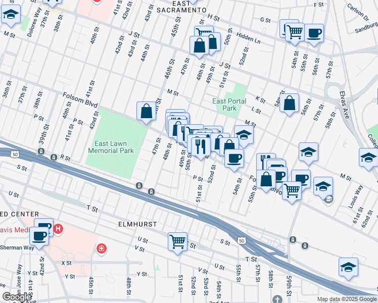 map of restaurants, bars, coffee shops, grocery stores, and more near 5030 Folsom Boulevard in Sacramento