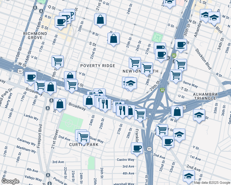 map of restaurants, bars, coffee shops, grocery stores, and more near 2507 W Street in Sacramento