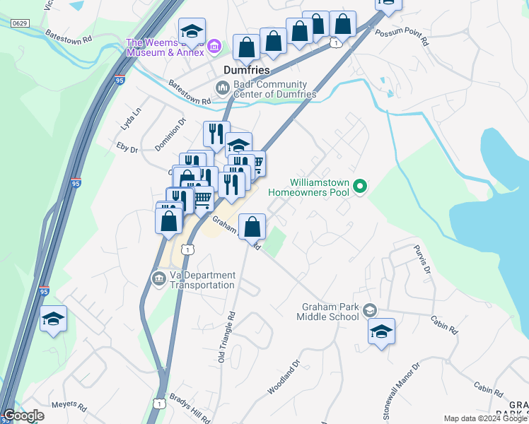 map of restaurants, bars, coffee shops, grocery stores, and more near 2454 Kilpatrick Place in Dumfries