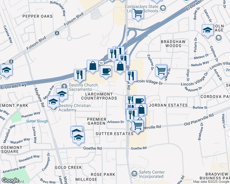 map of restaurants, bars, coffee shops, grocery stores, and more near 9620 Country Roads Drive in Sacramento