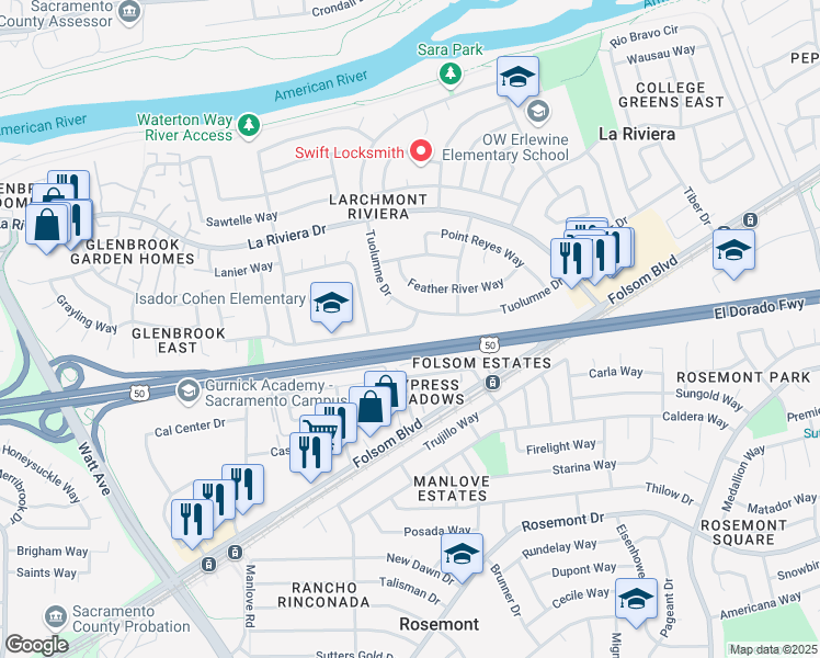 map of restaurants, bars, coffee shops, grocery stores, and more near 9070 Salmon Falls Drive in Sacramento