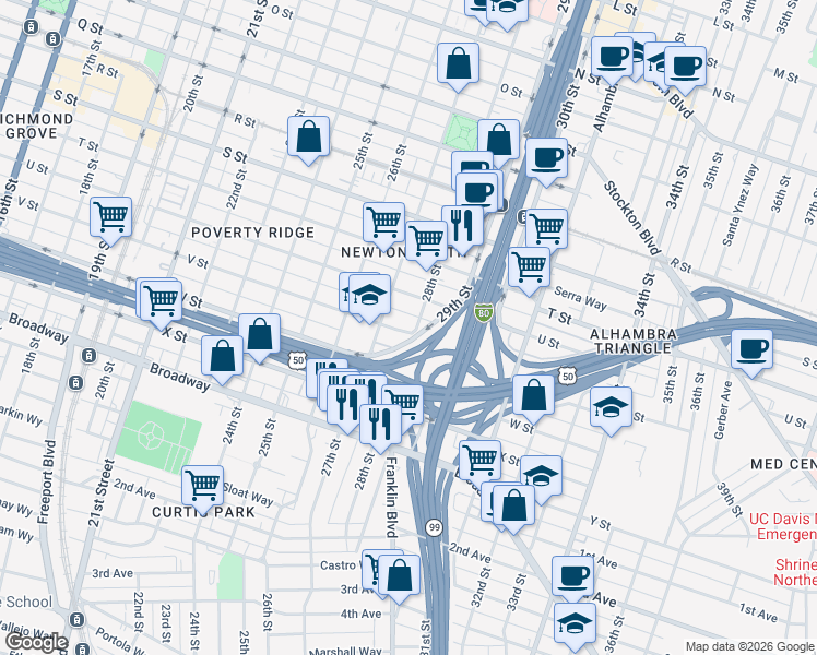 map of restaurants, bars, coffee shops, grocery stores, and more near 2121 28th Street in Sacramento