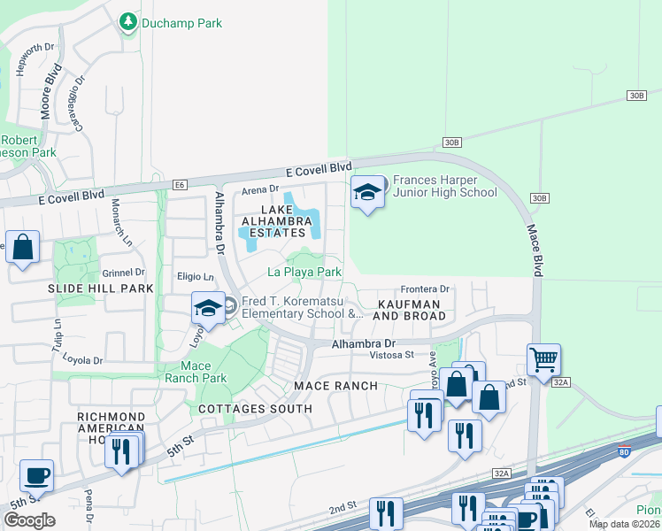 map of restaurants, bars, coffee shops, grocery stores, and more near 3813 Del Valle Place in Davis