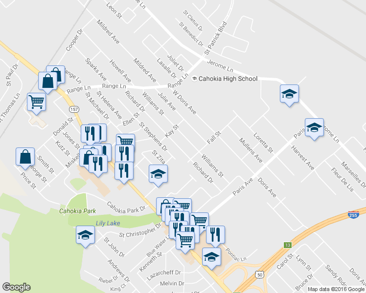 map of restaurants, bars, coffee shops, grocery stores, and more near 1315 Richard Drive in Cahokia