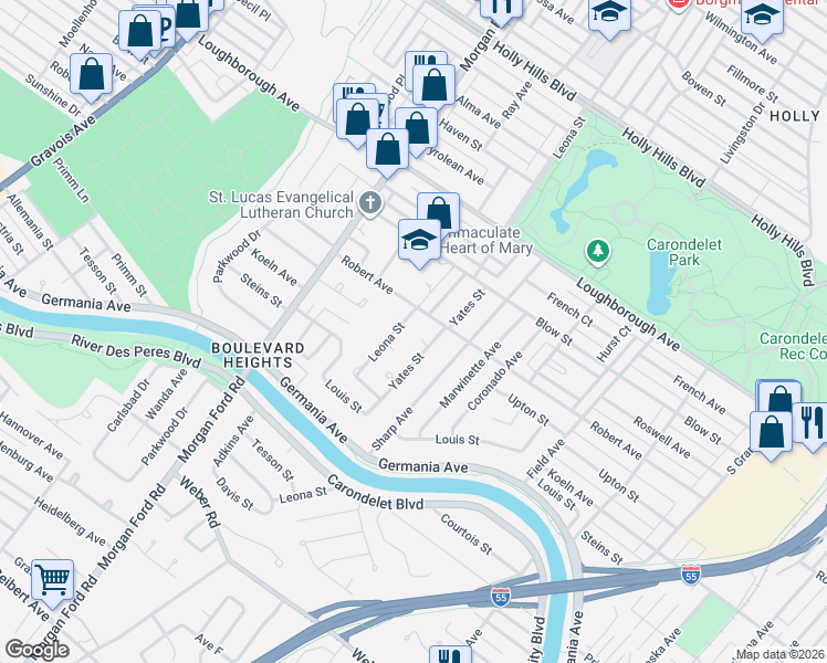 map of restaurants, bars, coffee shops, grocery stores, and more near 7309 Yates Street in St. Louis