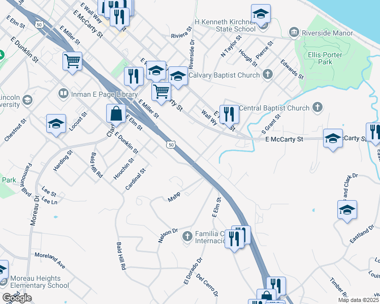 map of restaurants, bars, coffee shops, grocery stores, and more near 1428 E Miller St in Jefferson City