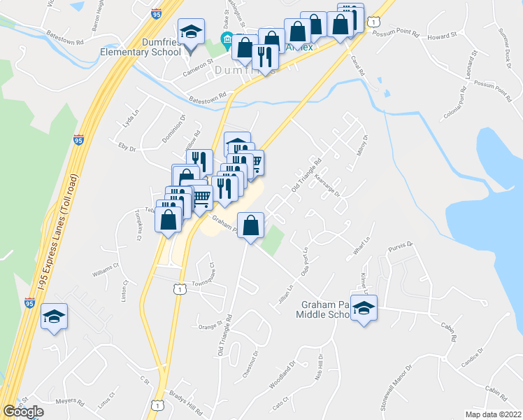 map of restaurants, bars, coffee shops, grocery stores, and more near 2452 Kilpatrick Place in Dumfries
