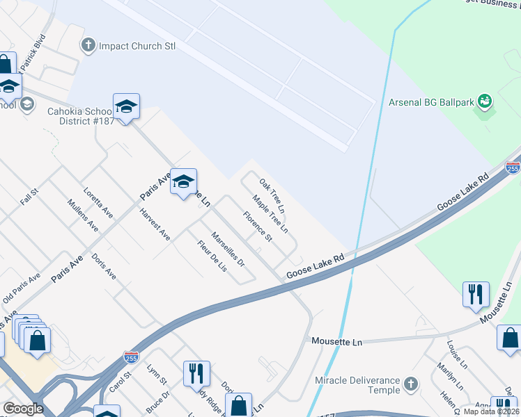 map of restaurants, bars, coffee shops, grocery stores, and more near 1927 Florence Street in Cahokia