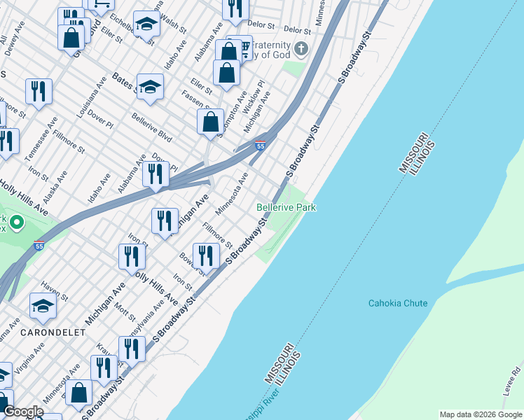 map of restaurants, bars, coffee shops, grocery stores, and more near 5711 South Broadway in St. Louis