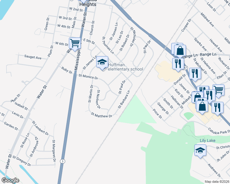 map of restaurants, bars, coffee shops, grocery stores, and more near 701 Saint Paul Drive in Cahokia