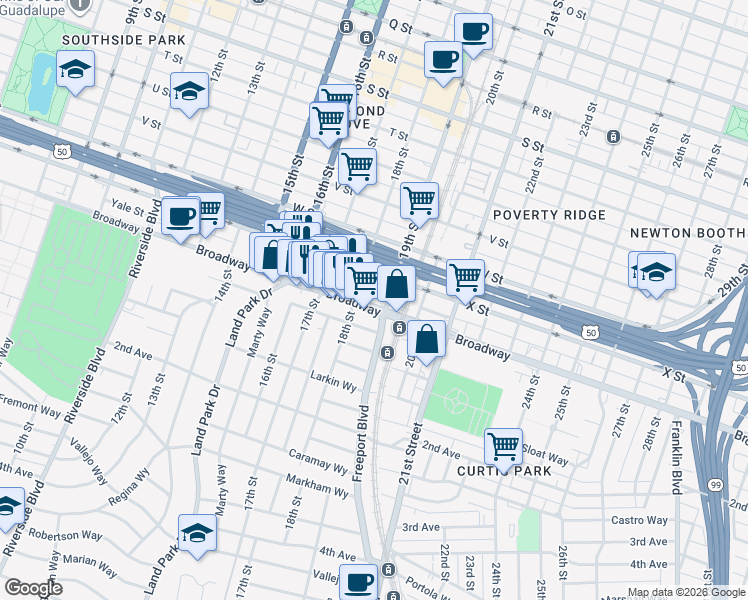 map of restaurants, bars, coffee shops, grocery stores, and more near 1804 Broadway in Sacramento