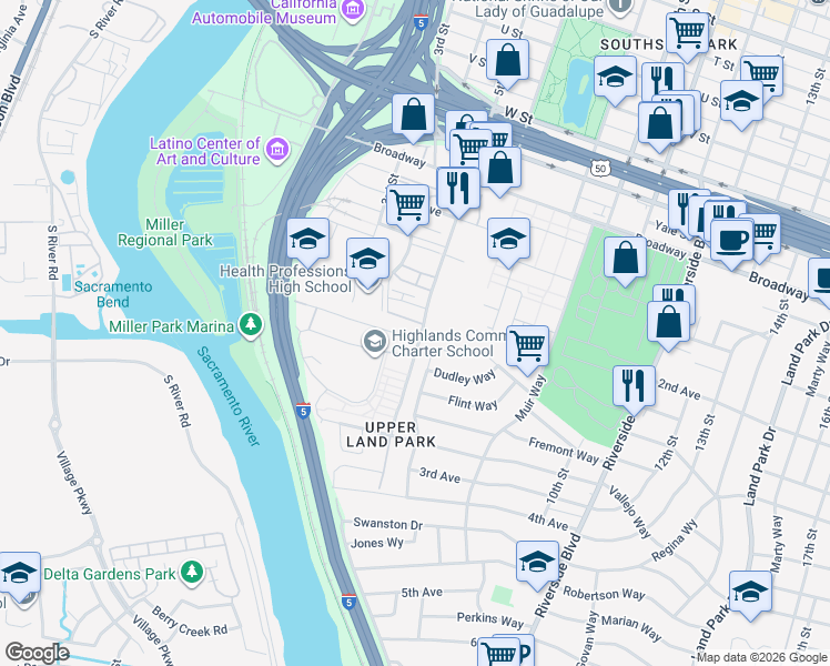 map of restaurants, bars, coffee shops, grocery stores, and more near 487 McClatchy Way in Sacramento
