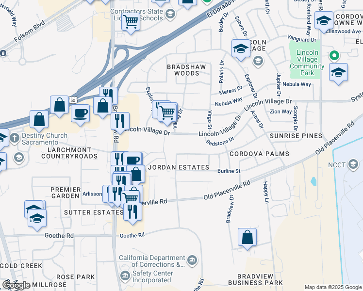 map of restaurants, bars, coffee shops, grocery stores, and more near 9838 Lincoln Village Drive in Sacramento