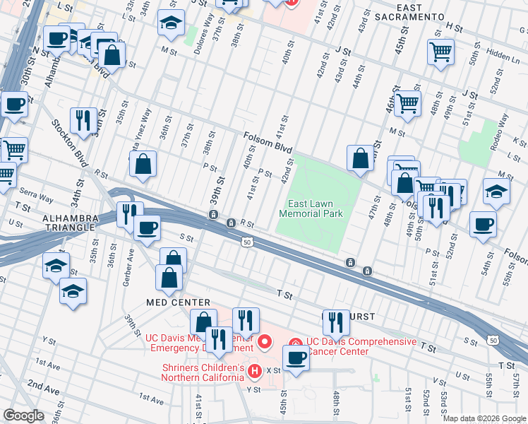 map of restaurants, bars, coffee shops, grocery stores, and more near 1745 Berkeley Way in Sacramento