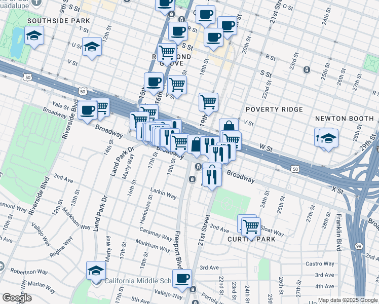 map of restaurants, bars, coffee shops, grocery stores, and more near 2420 19th Street in Sacramento