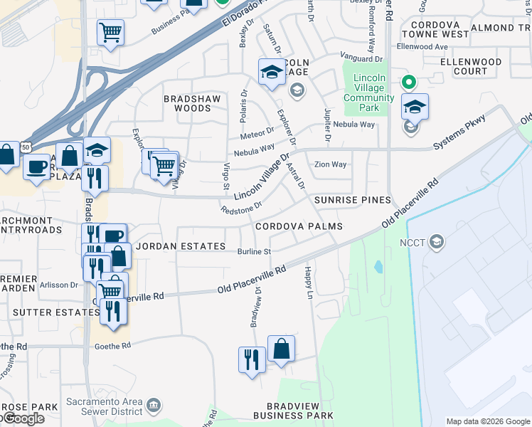 map of restaurants, bars, coffee shops, grocery stores, and more near 3669 Scorpio Drive in Sacramento