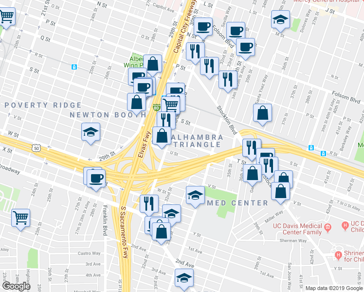 map of restaurants, bars, coffee shops, grocery stores, and more near 3156 T Street in Sacramento