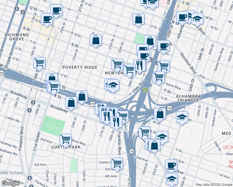 map of restaurants, bars, coffee shops, grocery stores, and more near V Street & 27th Street in Sacramento