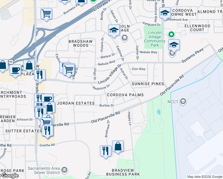 map of restaurants, bars, coffee shops, grocery stores, and more near 3669 Scorpio Drive in Sacramento