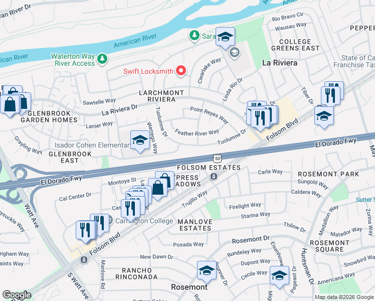 map of restaurants, bars, coffee shops, grocery stores, and more near 9090 Salmon Falls Drive in Sacramento