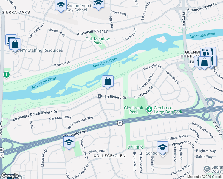 map of restaurants, bars, coffee shops, grocery stores, and more near 8425 La Riviera Drive in Sacramento