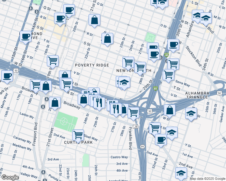 map of restaurants, bars, coffee shops, grocery stores, and more near 2507 W Street in Sacramento