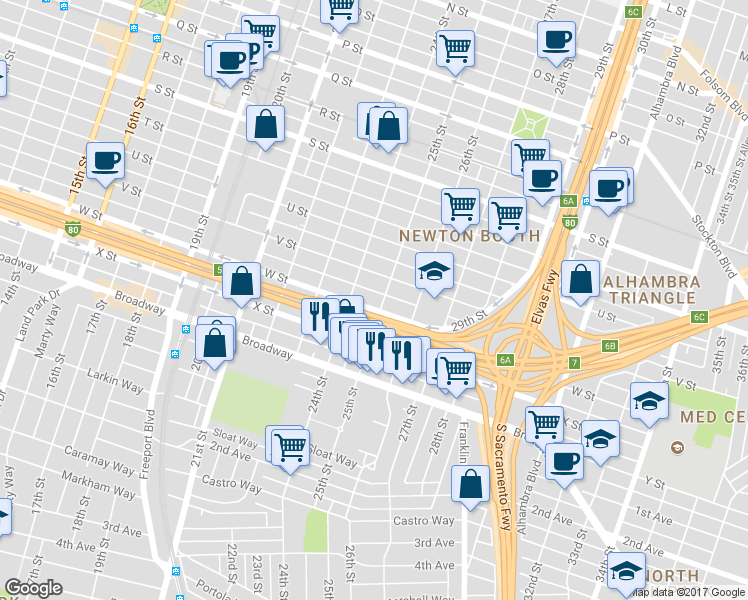 map of restaurants, bars, coffee shops, grocery stores, and more near 2507 W Street in Sacramento