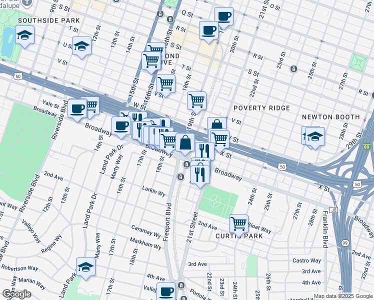 map of restaurants, bars, coffee shops, grocery stores, and more near in Sacramento