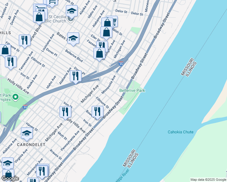 map of restaurants, bars, coffee shops, grocery stores, and more near 5810 Pennsylvania Avenue in St. Louis