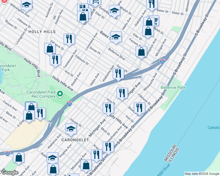 map of restaurants, bars, coffee shops, grocery stores, and more near 6137 Virginia Avenue in St. Louis