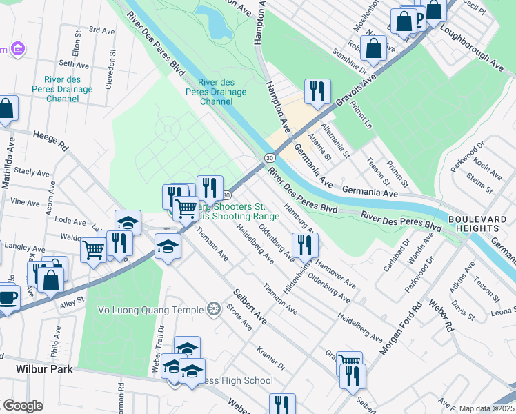 map of restaurants, bars, coffee shops, grocery stores, and more near 4858 Oldenburg Avenue in St. Louis