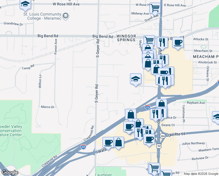 map of restaurants, bars, coffee shops, grocery stores, and more near 1247 Oakshire Lane in Kirkwood