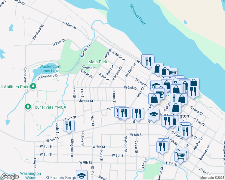 map of restaurants, bars, coffee shops, grocery stores, and more near 307 Frank Street in Washington