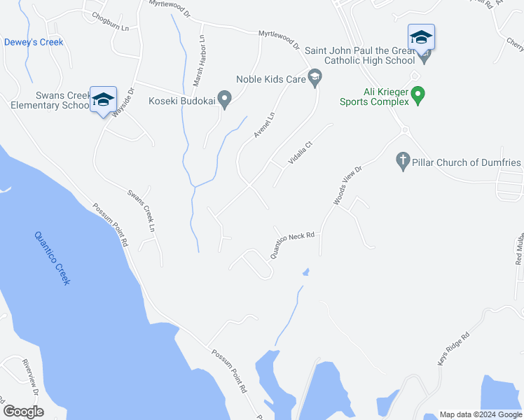 map of restaurants, bars, coffee shops, grocery stores, and more near 18016 Dunes Court in Dumfries