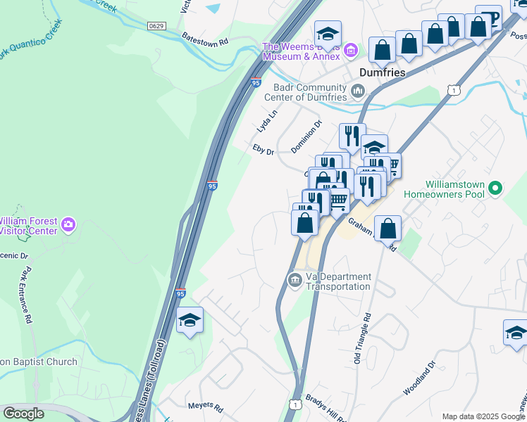 map of restaurants, bars, coffee shops, grocery stores, and more near 18040 Tebbs Lane in Dumfries