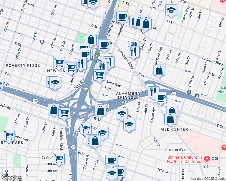 map of restaurants, bars, coffee shops, grocery stores, and more near T Street in Sacramento