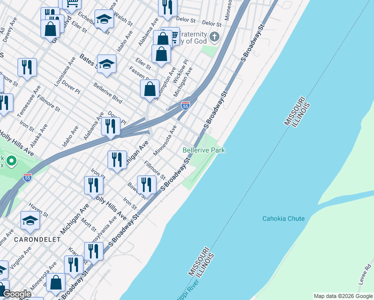 map of restaurants, bars, coffee shops, grocery stores, and more near 5705 South Broadway in St. Louis