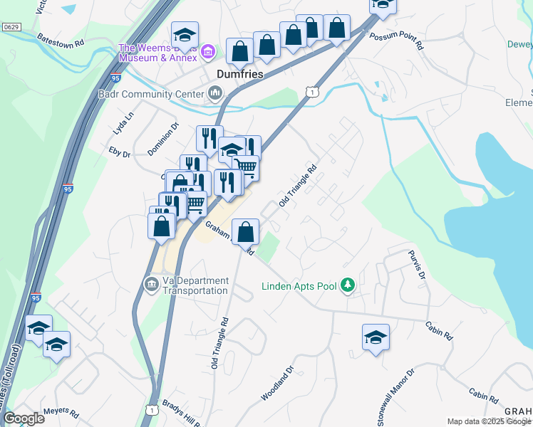map of restaurants, bars, coffee shops, grocery stores, and more near 2421 Kilpatrick Place in Dumfries